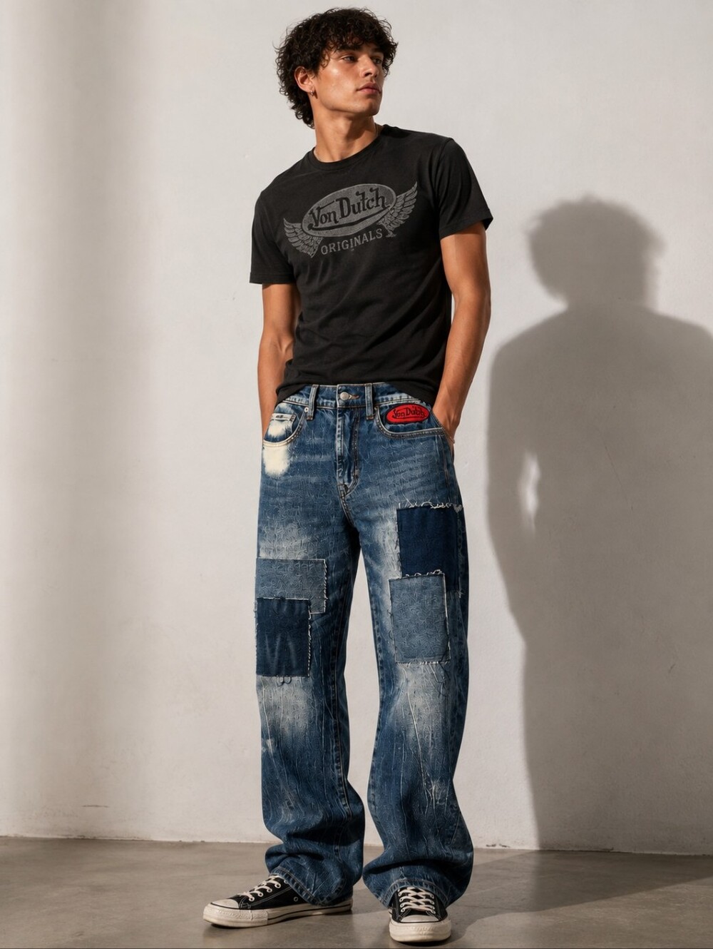 NWT Von Dutch Rare Y2K Patchwork Straight Leg Denim Jeans Mix Wash Size 28
